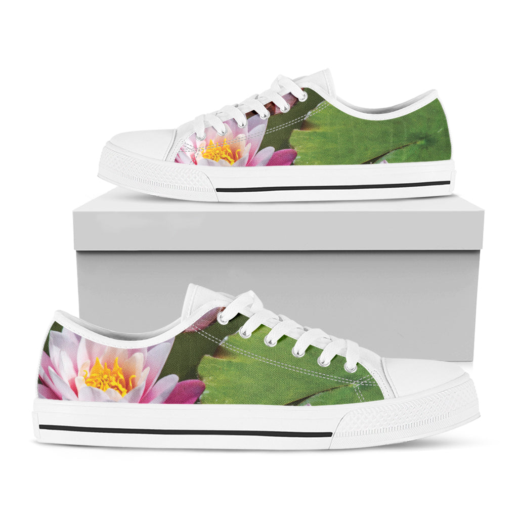 Pink Water Lilies Print White Low Top Shoes