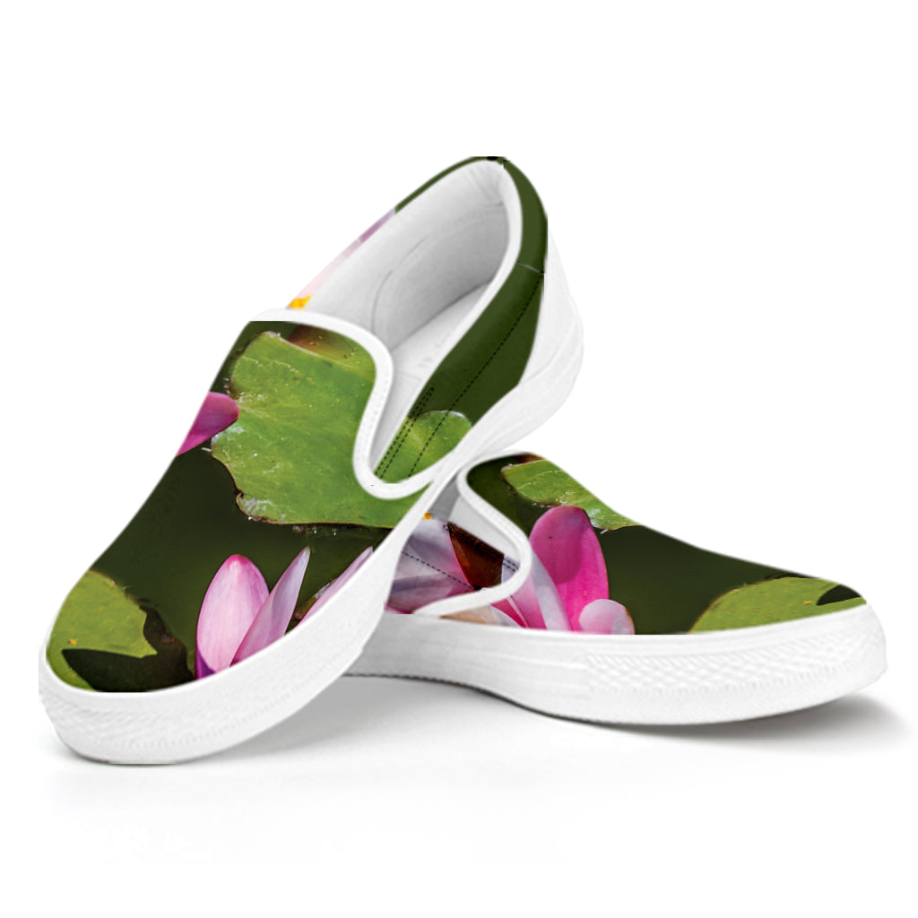 Pink Water Lilies Print White Slip On Shoes