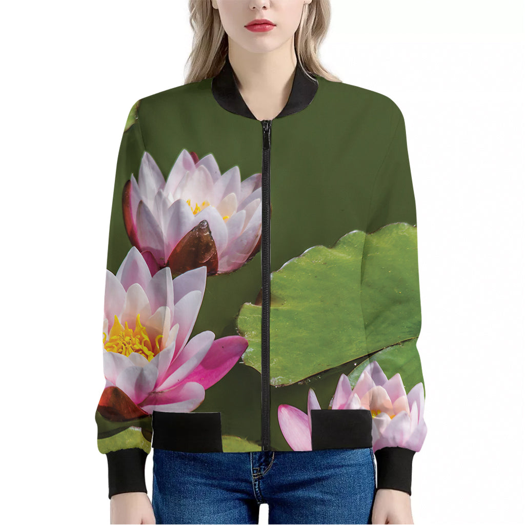 Pink Water Lilies Print Women's Bomber Jacket