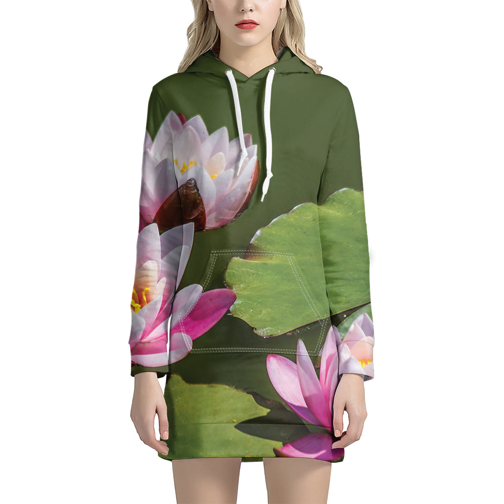 Pink Water Lilies Print Women's Pullover Hoodie Dress