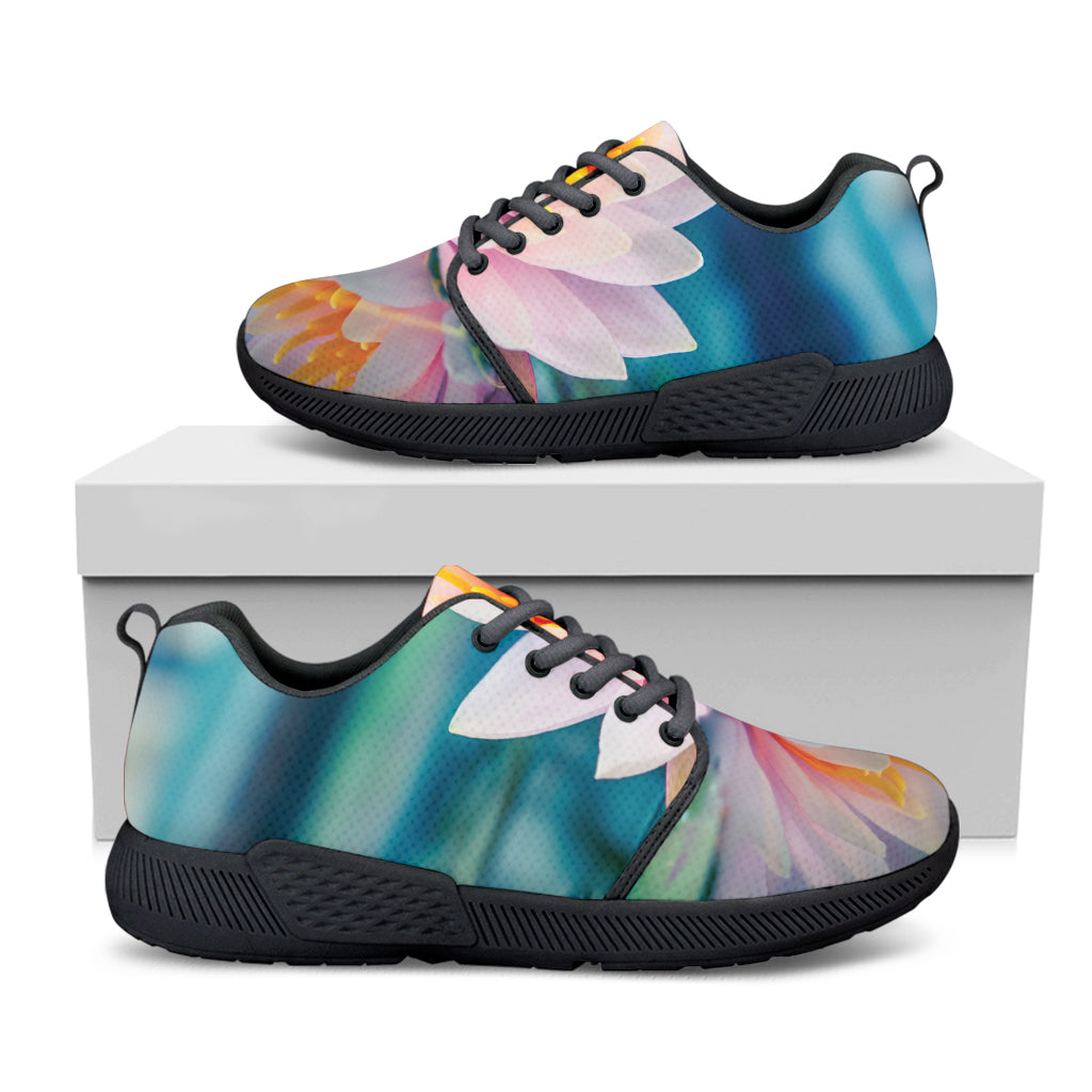 Pink Water Lily Print Black Athletic Shoes