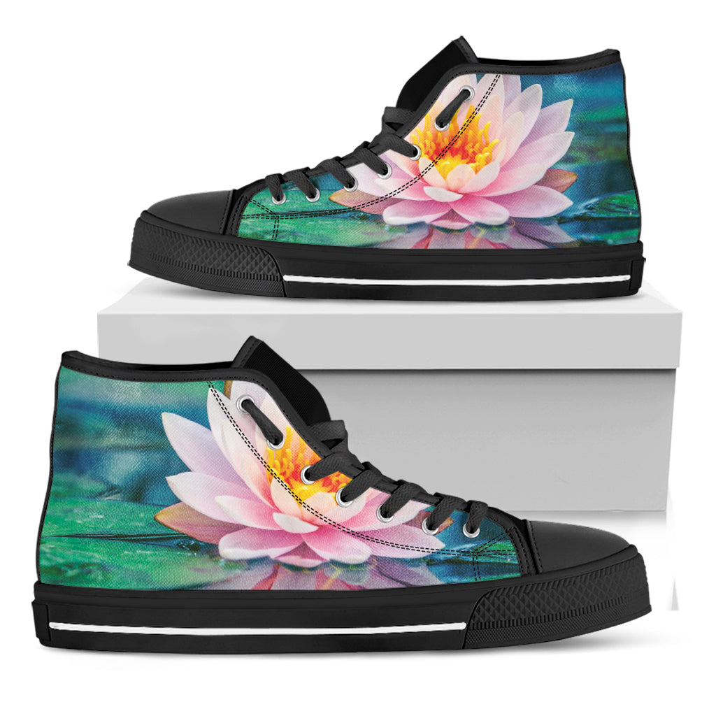 Pink Water Lily Print Black High Top Shoes