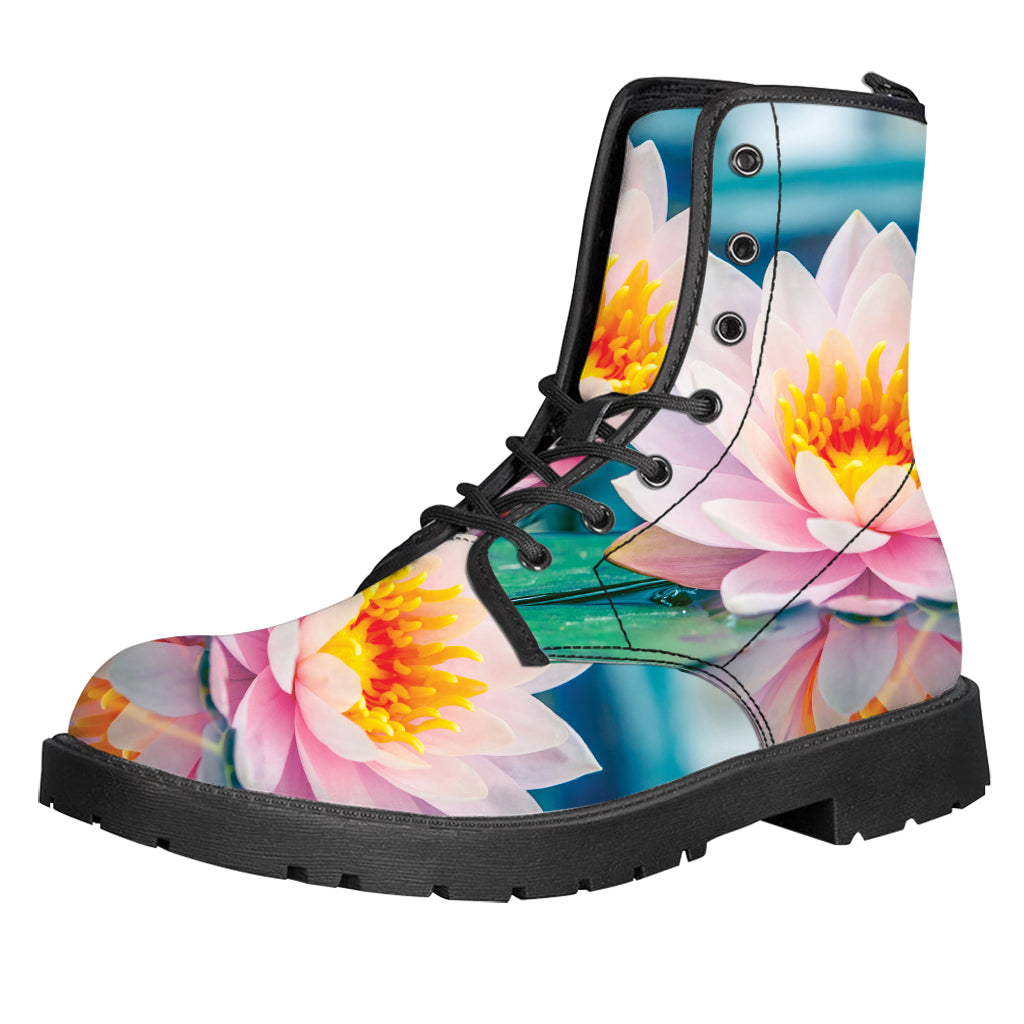 Pink Water Lily Print Leather Boots