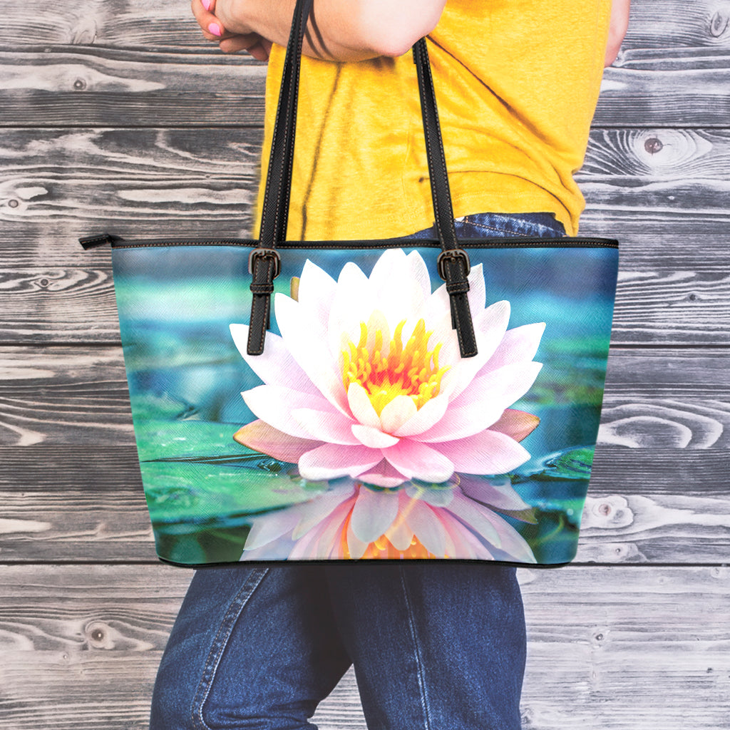 Pink Water Lily Print Leather Tote Bag