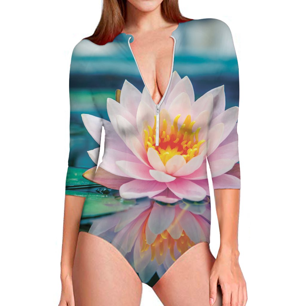 Pink Water Lily Print Long Sleeve One Piece Swimsuit