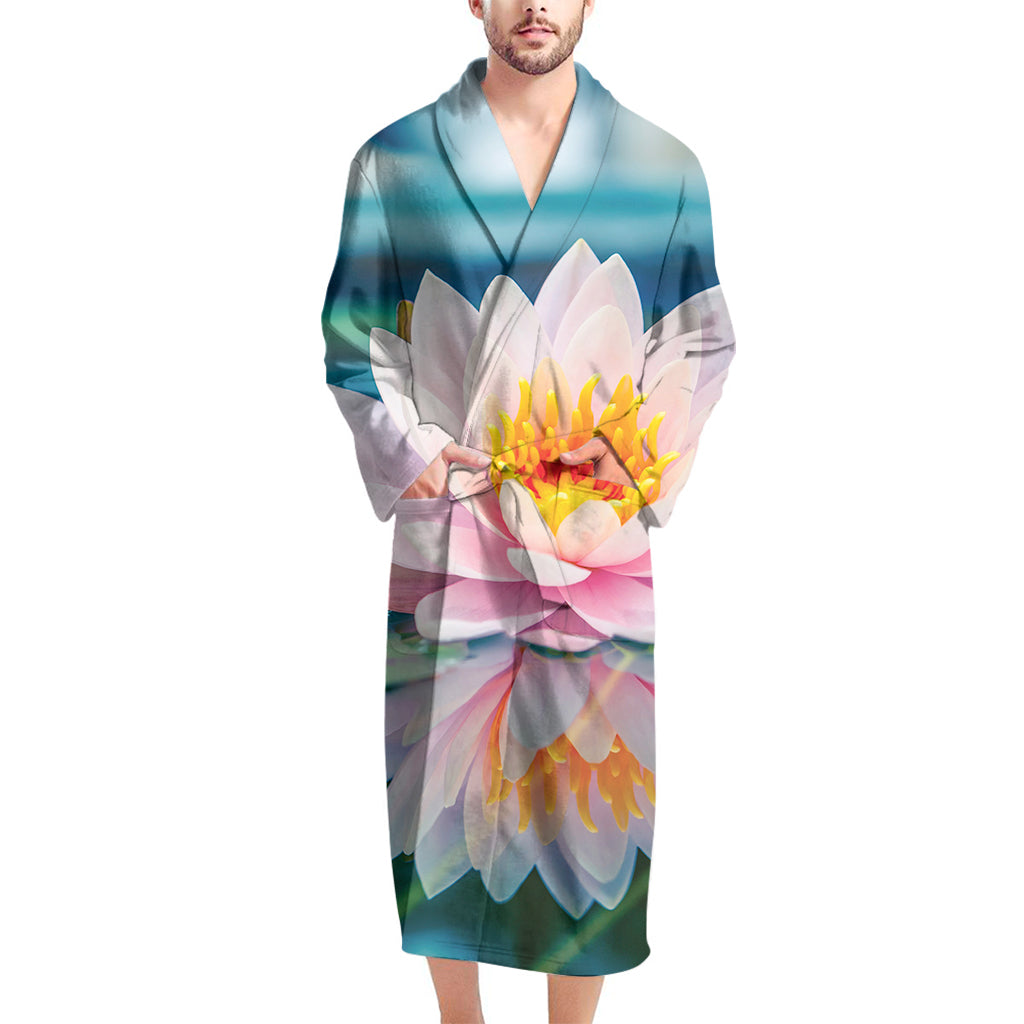 Pink Water Lily Print Men's Bathrobe