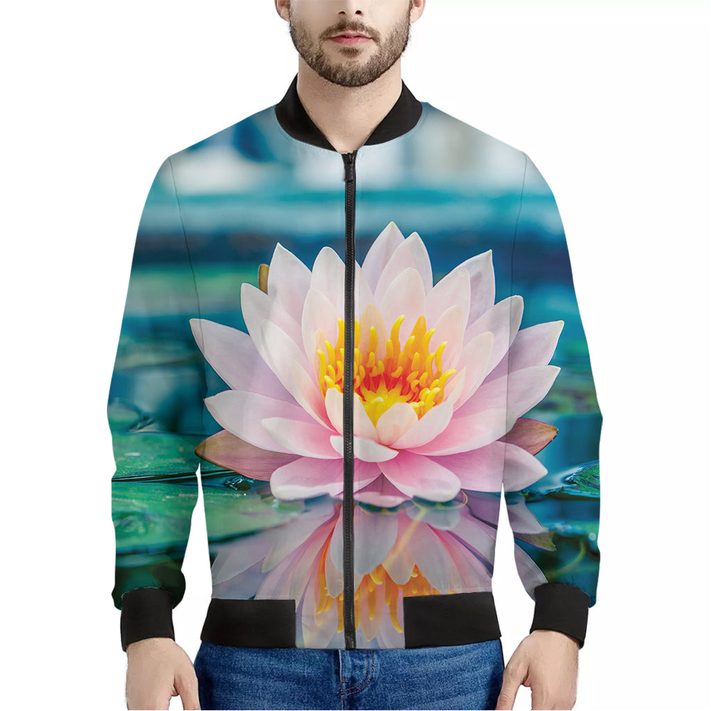 Pink Water Lily Print Men's Bomber Jacket