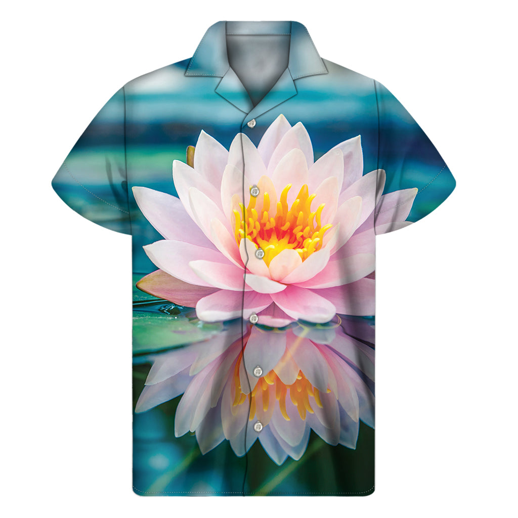 Pink Water Lily Print Men's Short Sleeve Shirt