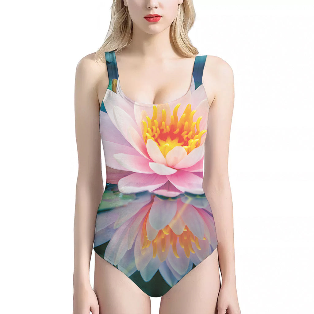 Pink Water Lily Print One Piece Halter Neck Swimsuit