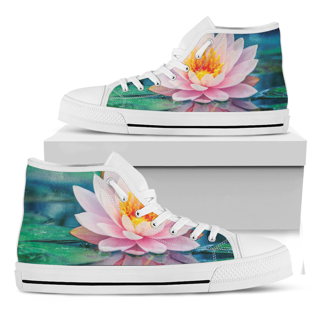 Pink Water Lily Print White High Top Shoes