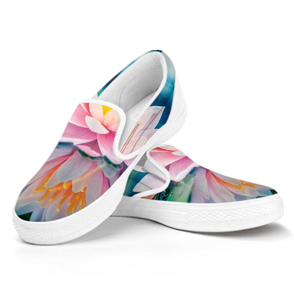 Pink Water Lily Print White Slip On Shoes