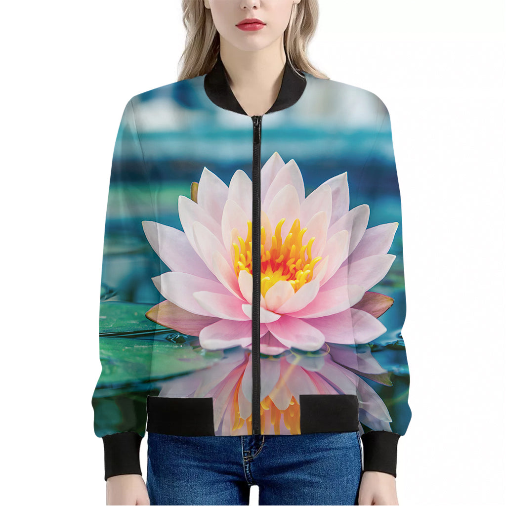 Pink Water Lily Print Women's Bomber Jacket