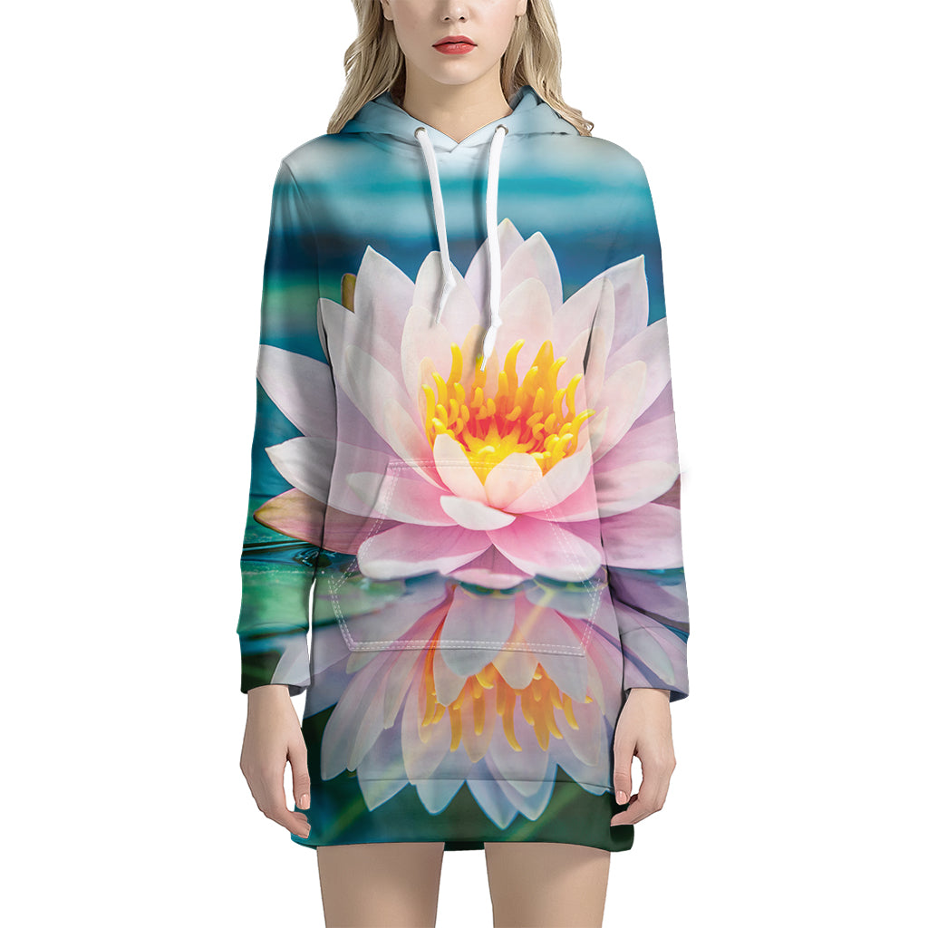 Pink Water Lily Print Women's Pullover Hoodie Dress