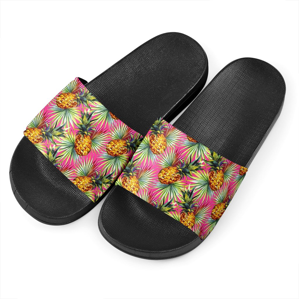 Pink Watercolor Pineapple Pattern Print Black Slide Sandals