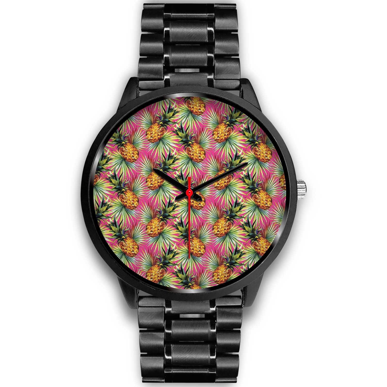 Pink Watercolor Pineapple Pattern Print Black Watch