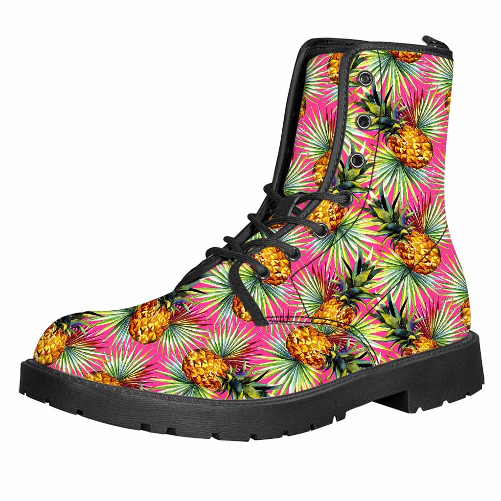 Pink Watercolor Pineapple Pattern Print Leather Boots