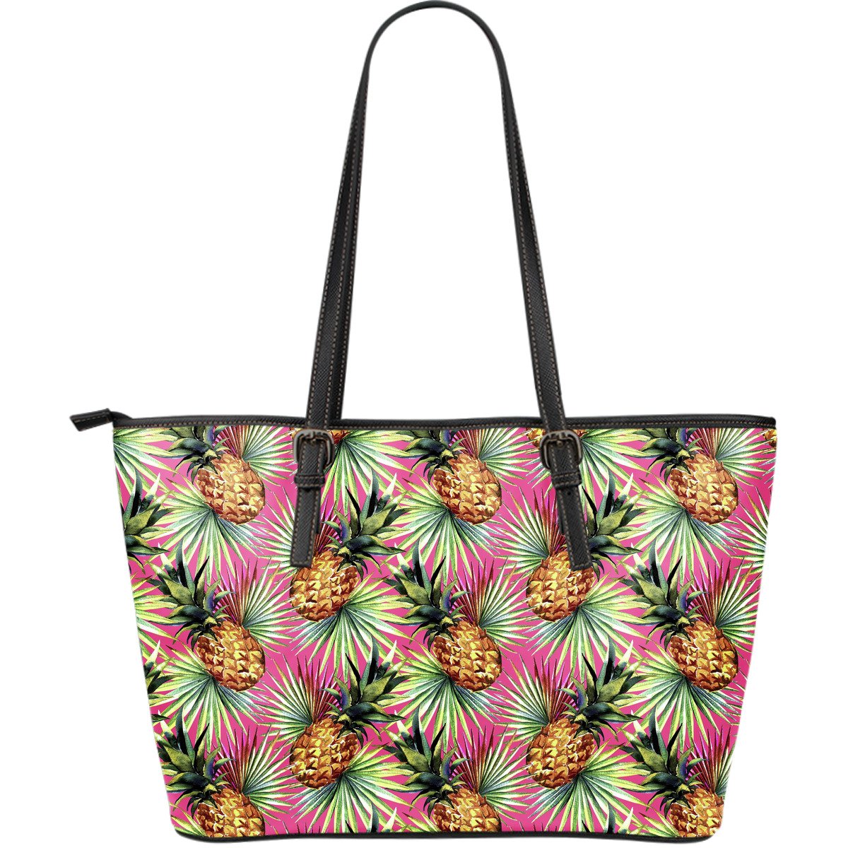 Pink Watercolor Pineapple Pattern Print Leather Tote Bag