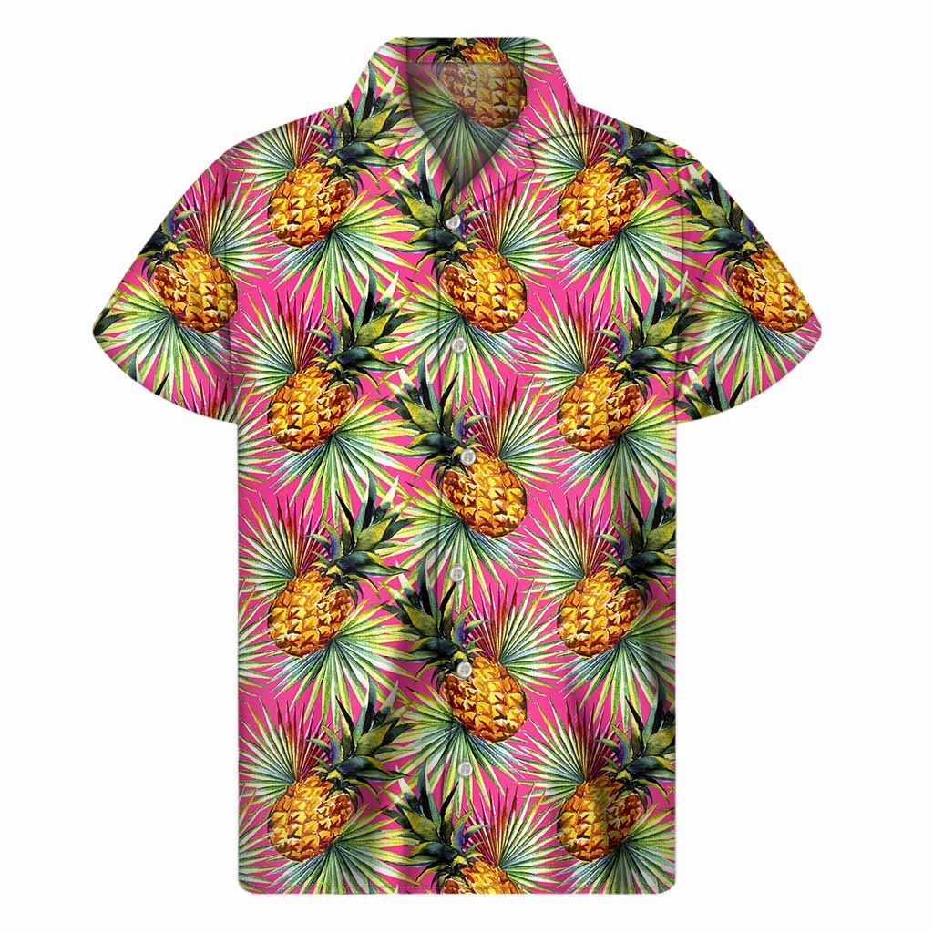 Pink Watercolor Pineapple Pattern Print Men's Short Sleeve Shirt