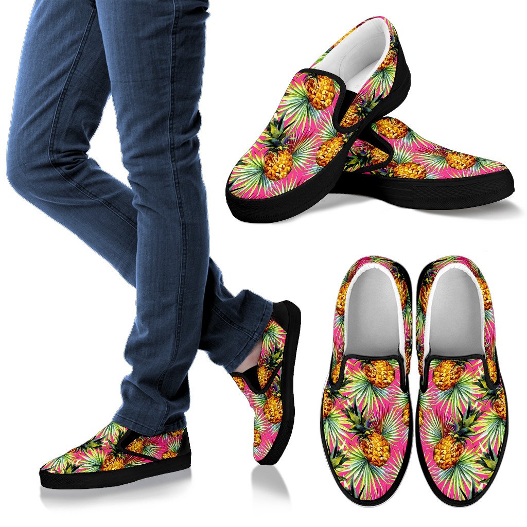 Pink Watercolor Pineapple Pattern Print Men's Slip On Shoes