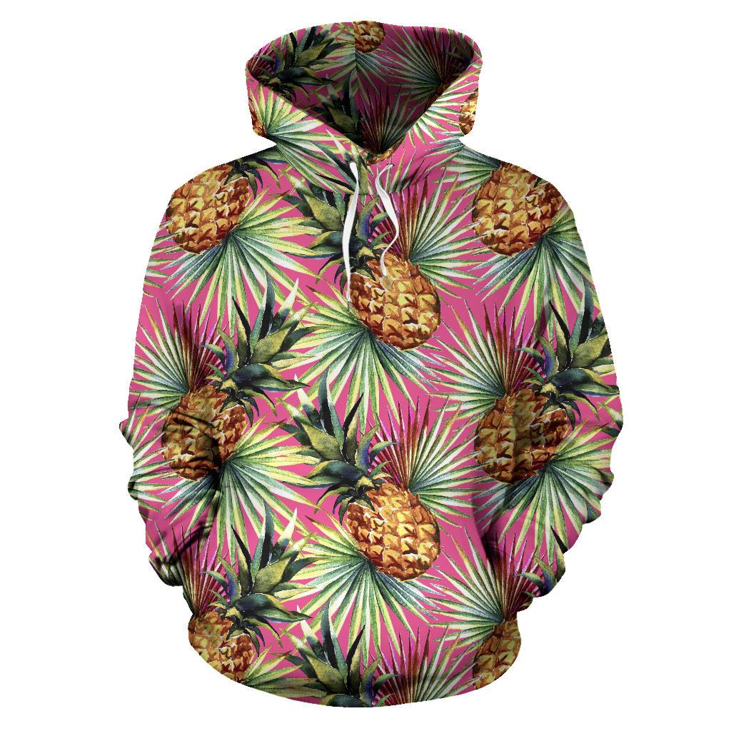 Pink Watercolor Pineapple Pattern Print Pullover Hoodie