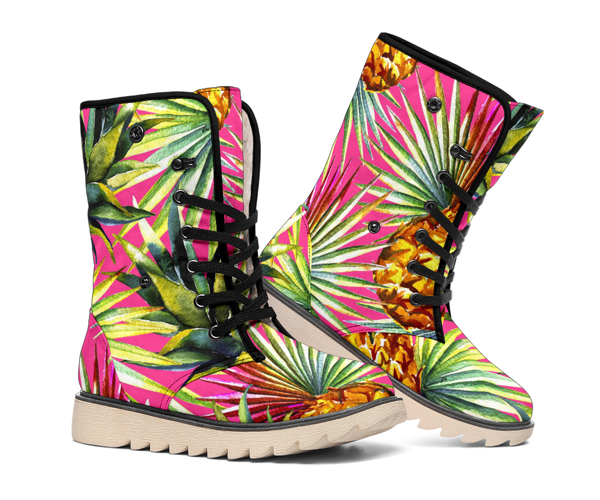 Pink Watercolor Pineapple Pattern Print Winter Boots