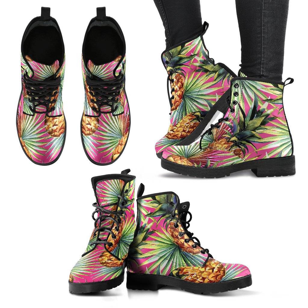 Pink Watercolor Pineapple Pattern Print Women's Boots