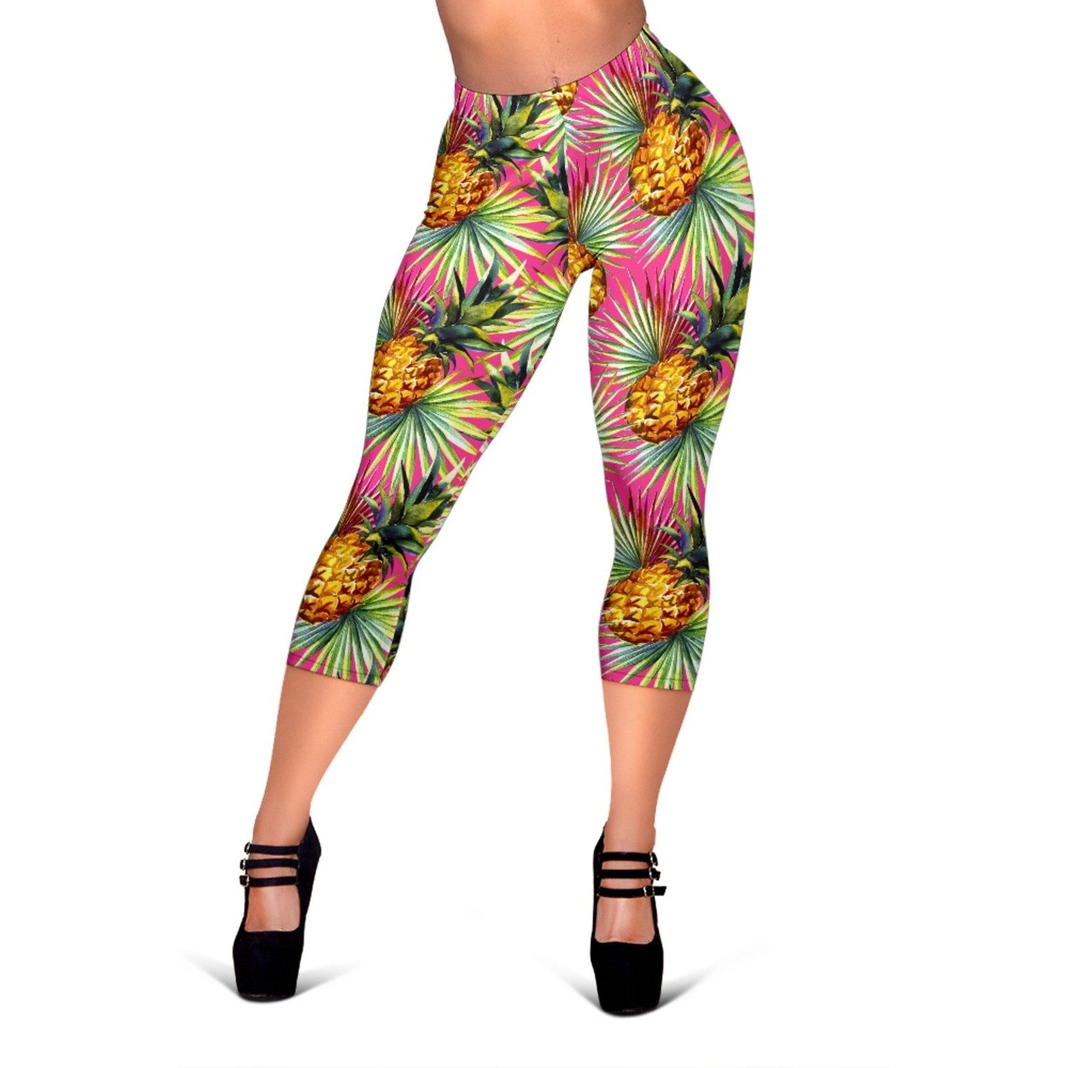 Pink Watercolor Pineapple Pattern Print Women's Capri Leggings