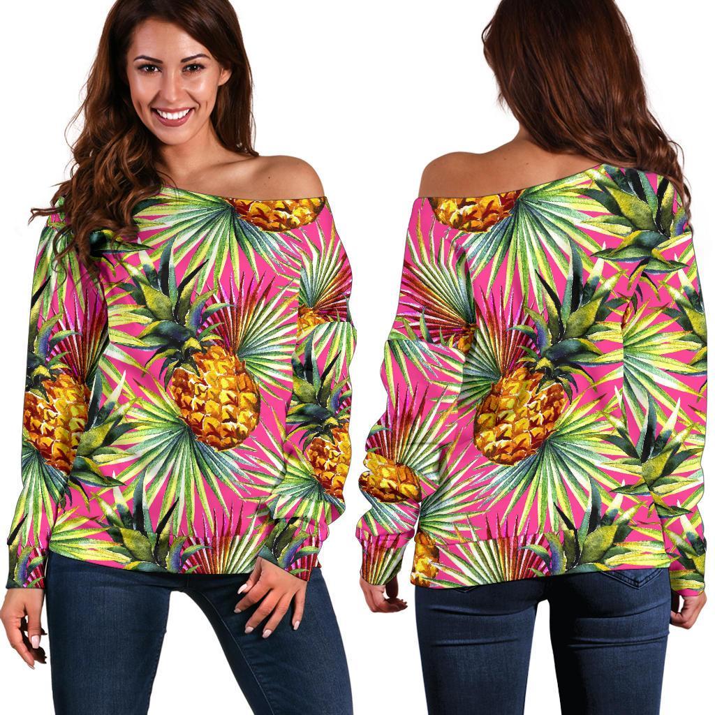 Pink Watercolor Pineapple Pattern Print Women's Off-Shoulder Sweatshirt