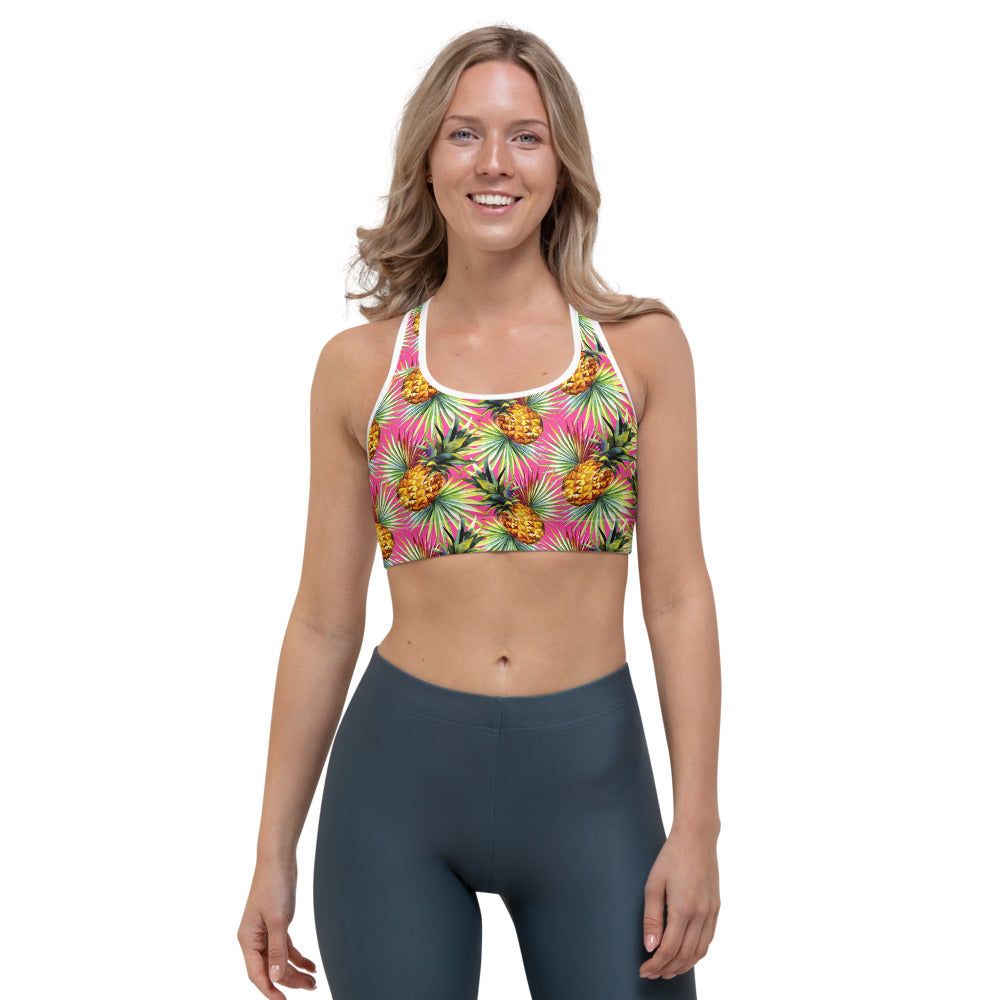 Pink Watercolor Pineapple Pattern Print Women's Sports Bra