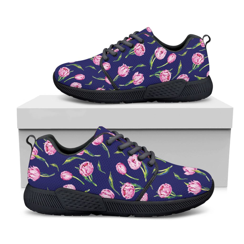 Pink Watercolor Tulip Flower Print Black Athletic Shoes