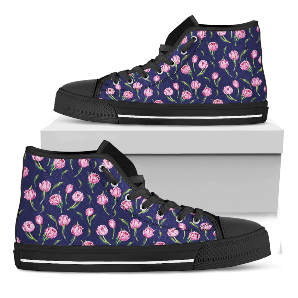 Pink Watercolor Tulip Flower Print Black High Top Shoes