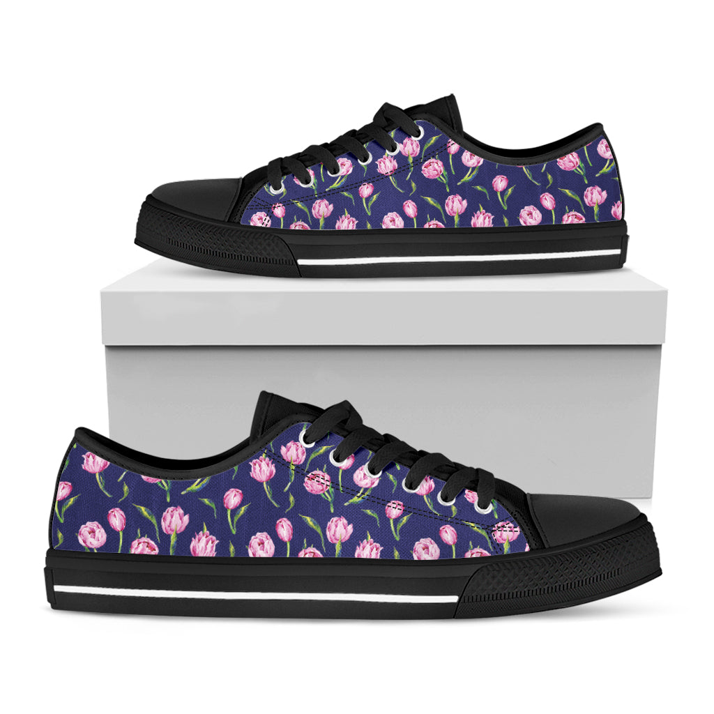 Pink Watercolor Tulip Flower Print Black Low Top Shoes