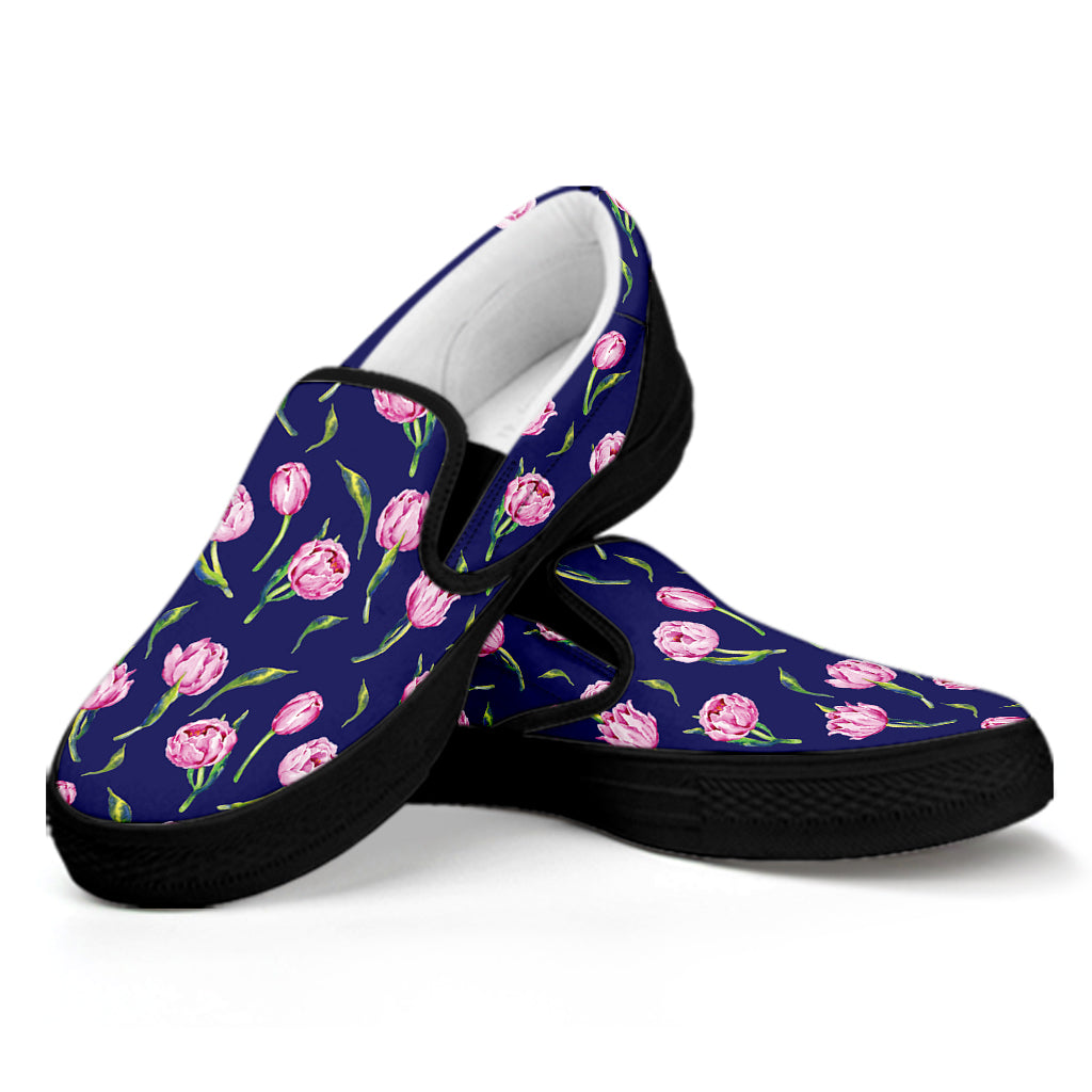 Pink Watercolor Tulip Flower Print Black Slip On Shoes