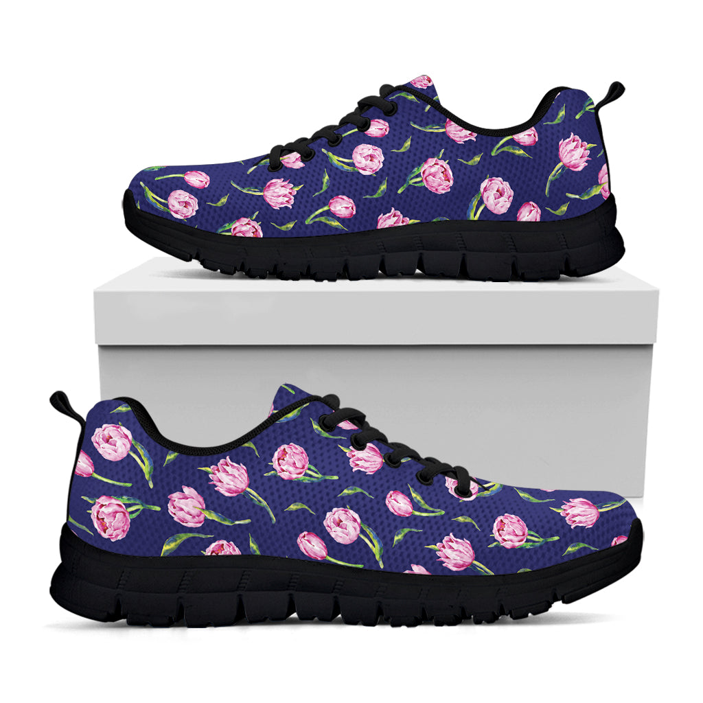 Pink Watercolor Tulip Flower Print Black Sneakers