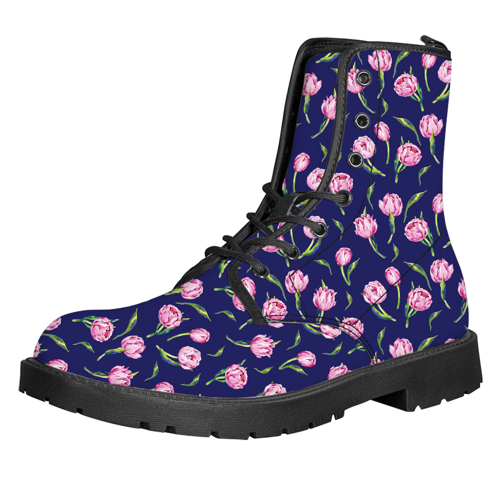 Pink Watercolor Tulip Flower Print Leather Boots