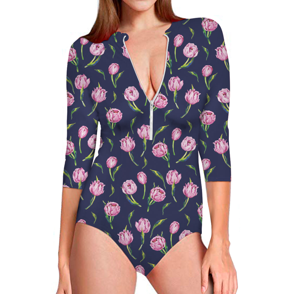 Pink Watercolor Tulip Flower Print Long Sleeve One Piece Swimsuit