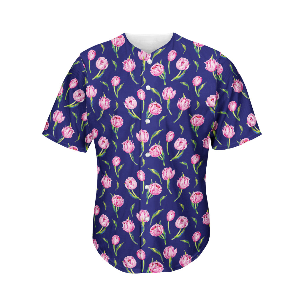 Pink Watercolor Tulip Flower Print Men's Baseball Jersey