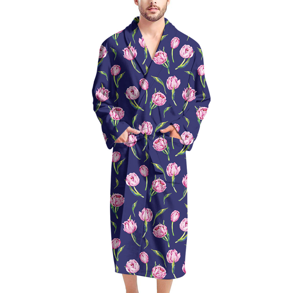 Pink Watercolor Tulip Flower Print Men's Bathrobe