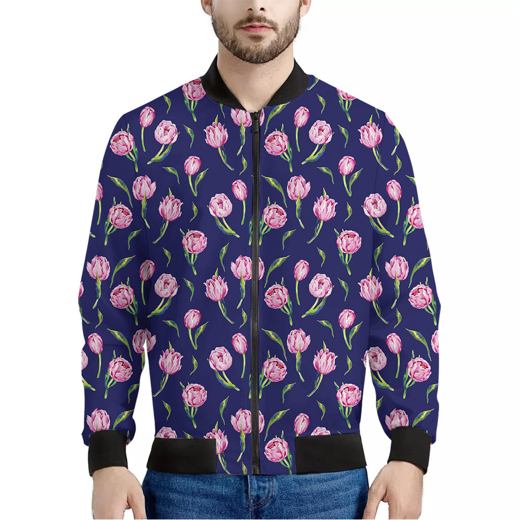 Pink Watercolor Tulip Flower Print Men's Bomber Jacket