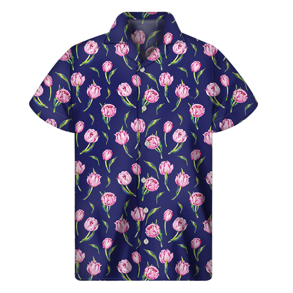 Pink Watercolor Tulip Flower Print Men's Short Sleeve Shirt