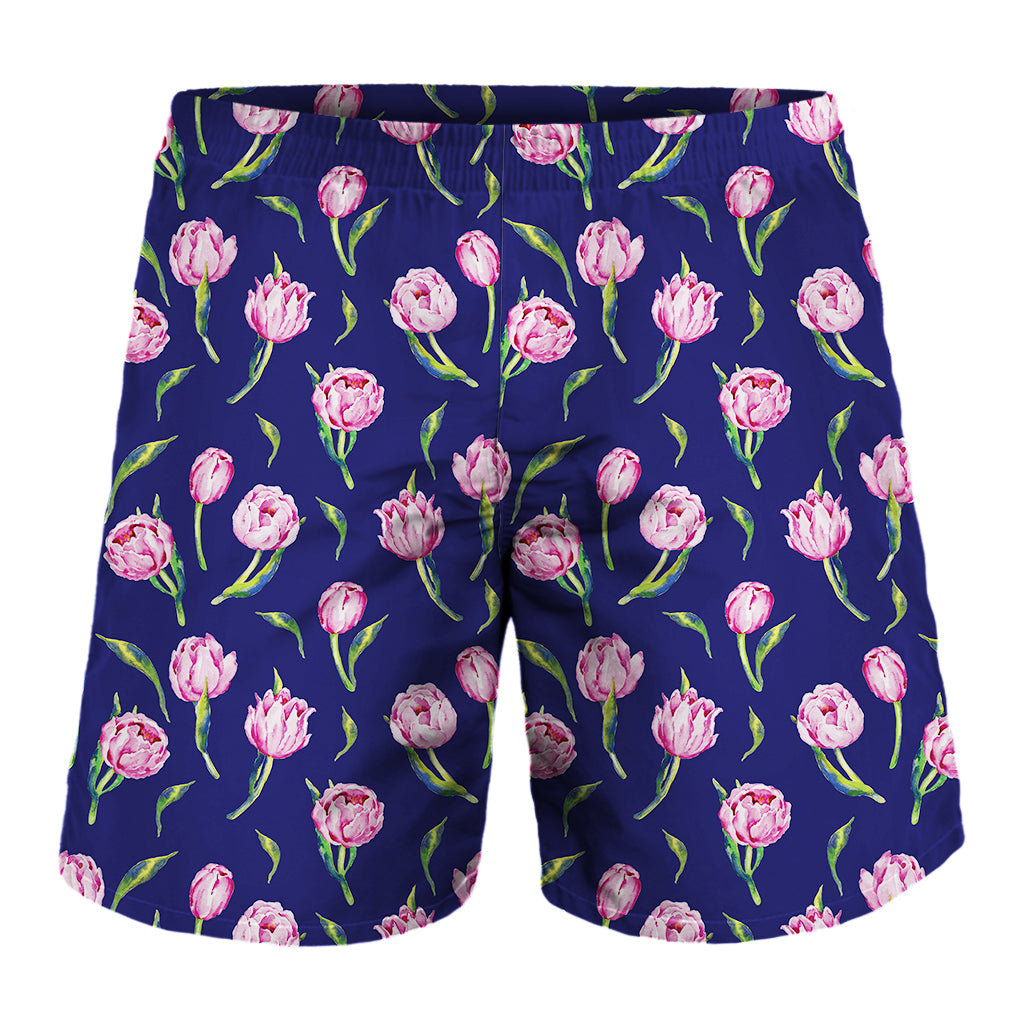 Pink Watercolor Tulip Flower Print Men's Shorts