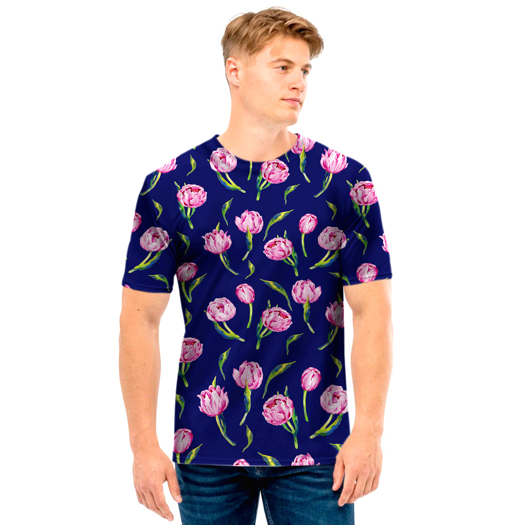 Pink Watercolor Tulip Flower Print Men's T-Shirt