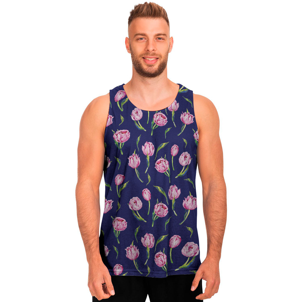 Pink Watercolor Tulip Flower Print Men's Tank Top