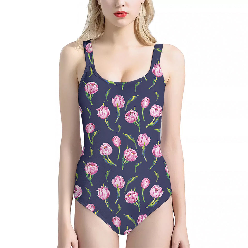 Pink Watercolor Tulip Flower Print One Piece Halter Neck Swimsuit