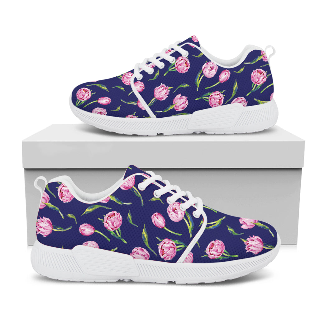 Pink Watercolor Tulip Flower Print White Athletic Shoes