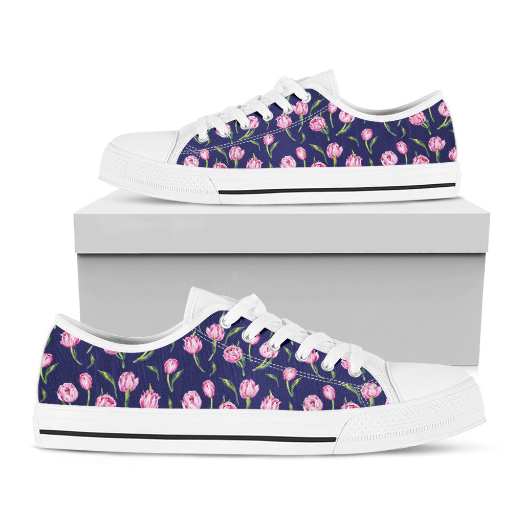 Pink Watercolor Tulip Flower Print White Low Top Shoes