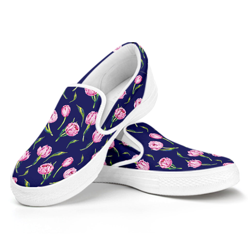 Pink Watercolor Tulip Flower Print White Slip On Shoes