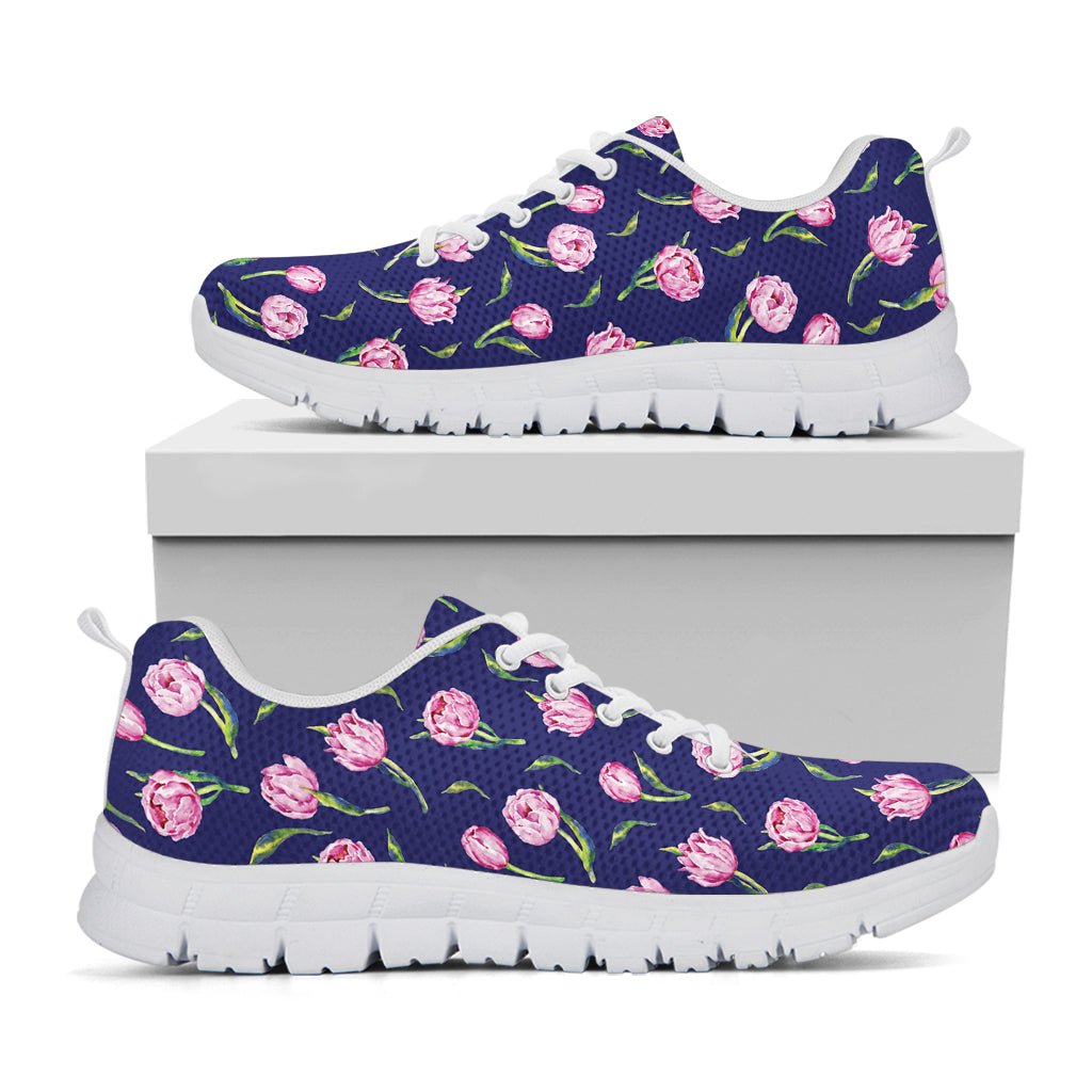 Pink Watercolor Tulip Flower Print White Sneakers