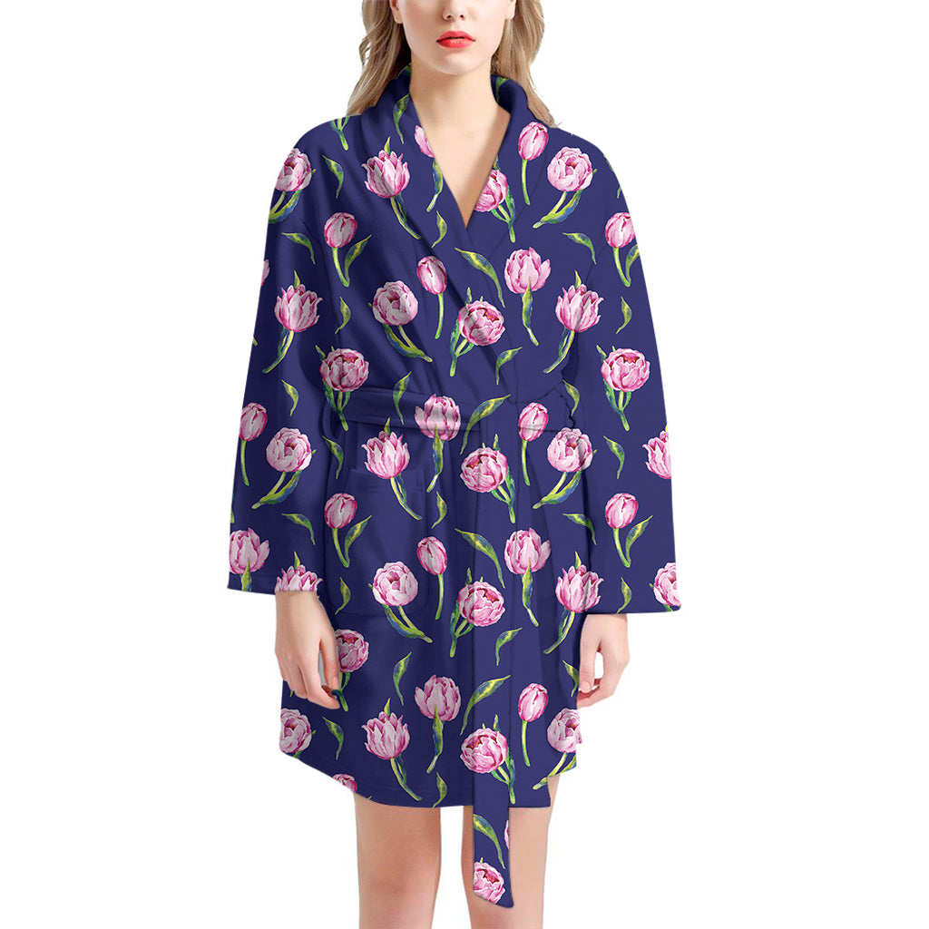 Pink Watercolor Tulip Flower Print Women's Bathrobe