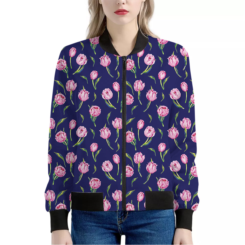 Pink Watercolor Tulip Flower Print Women's Bomber Jacket